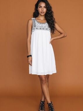White Sleeveless Embroidered Yoke Dress